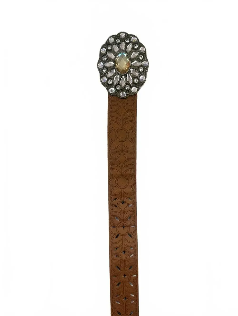 Brown Faux Leather Belt with Crystal Buckle